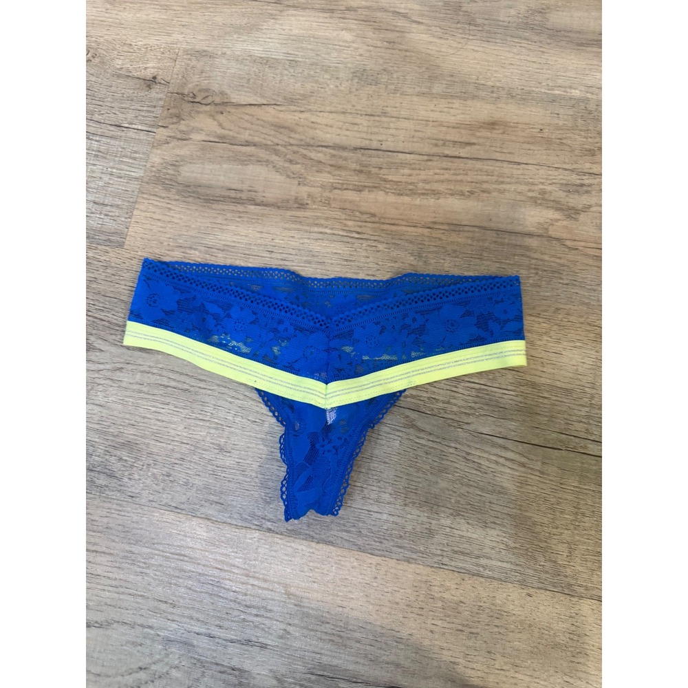 Victorias Secret Blue Floral Lace‎ Thong Neon Yellow Waistband XS ST 11129701